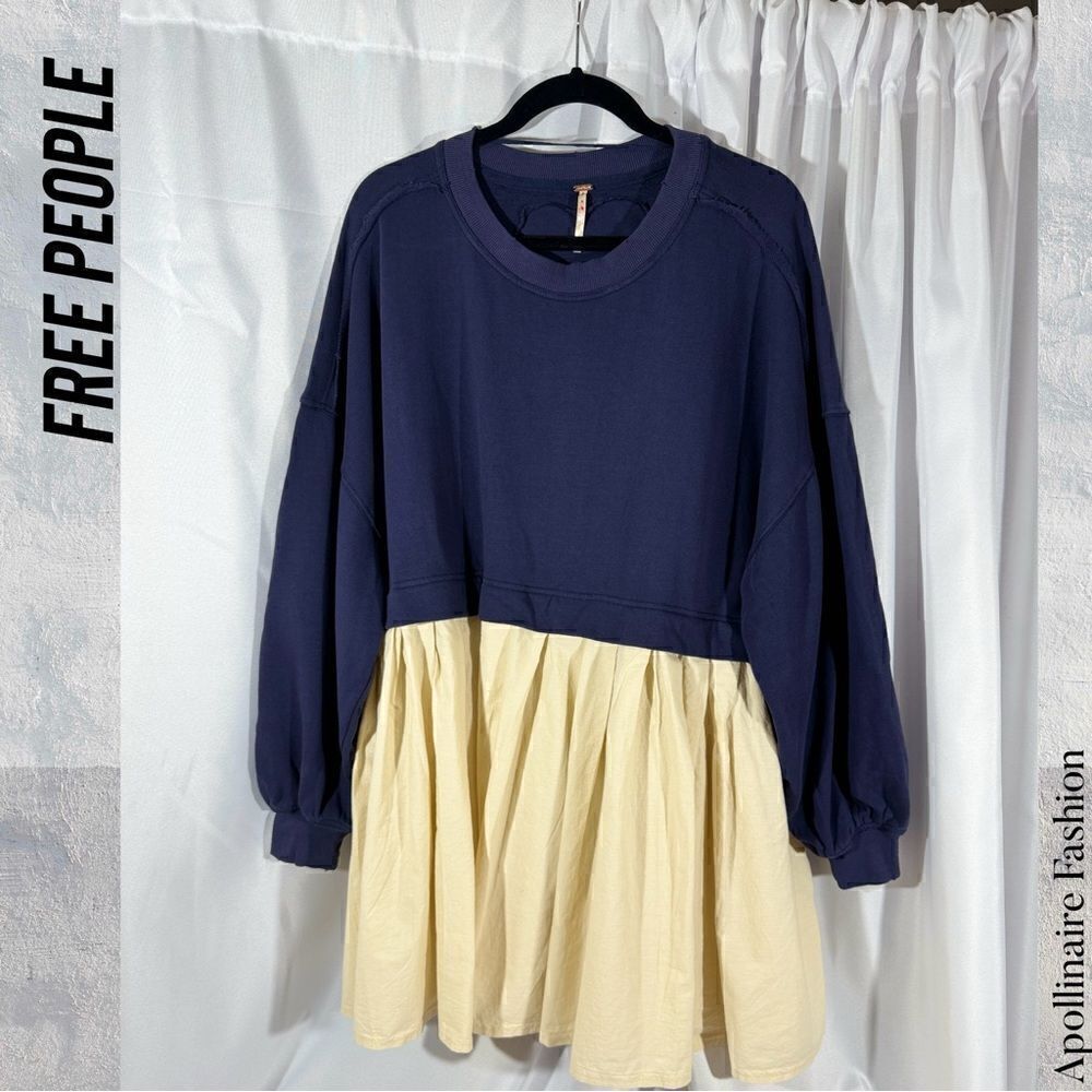 FREE PEOPLE ELEANOR TUNIC DRESS MEDIUM NAVY TAN COMBO NWOT - Picture 6 of 7